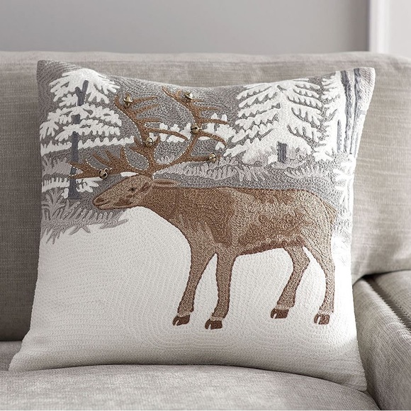 Pottery Barn Moose Crewel Embroidered Pillow Cover with Jingle Bell Accents 🔔 - Picture 1 of 15